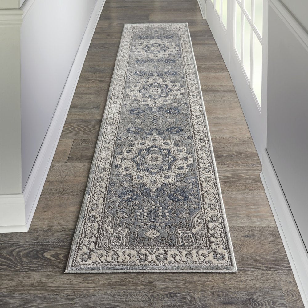 10' Beige Ivory And Gray Medallion Runner Rug