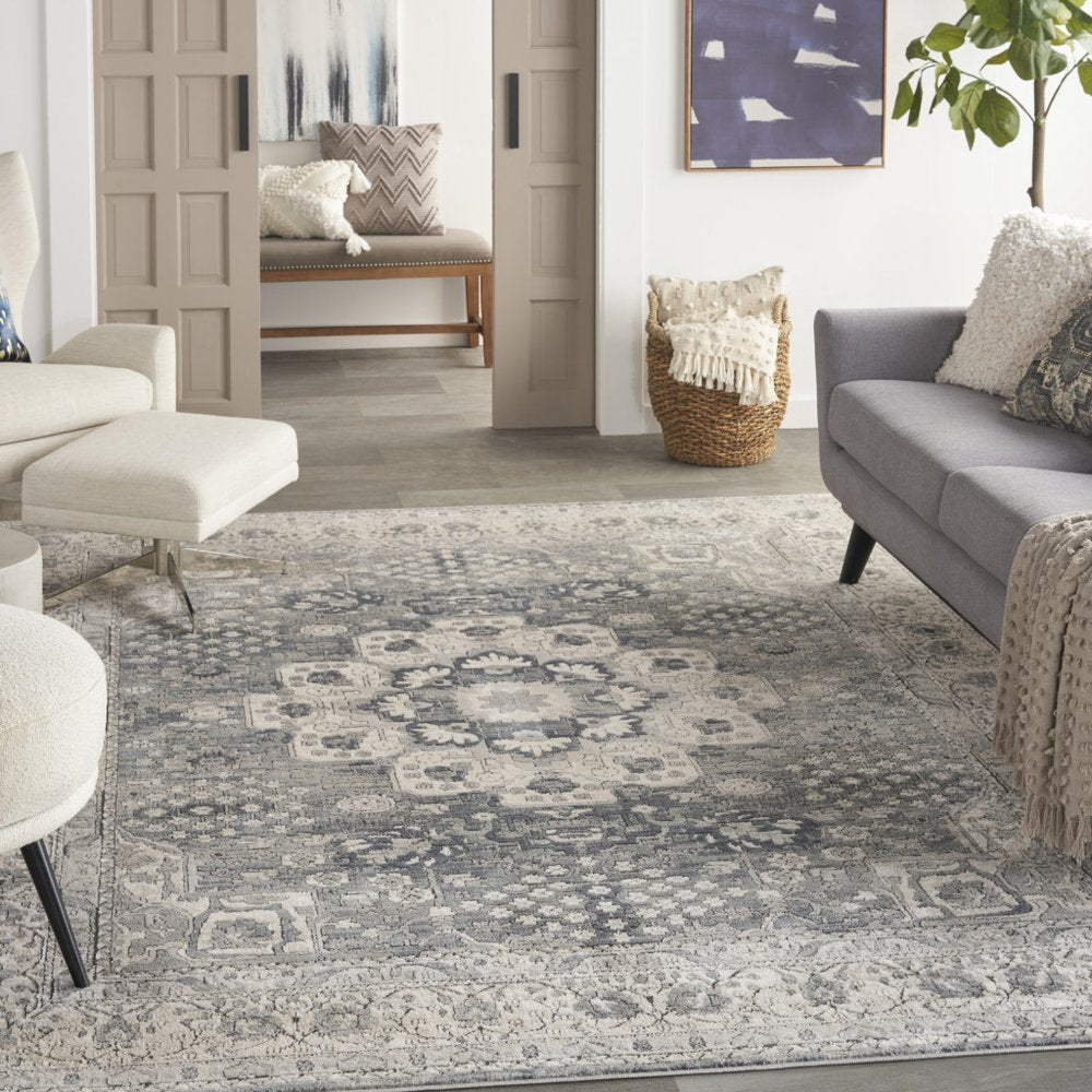 7' X 10' Gray and Ivory Medallion Power Loom Area Rug