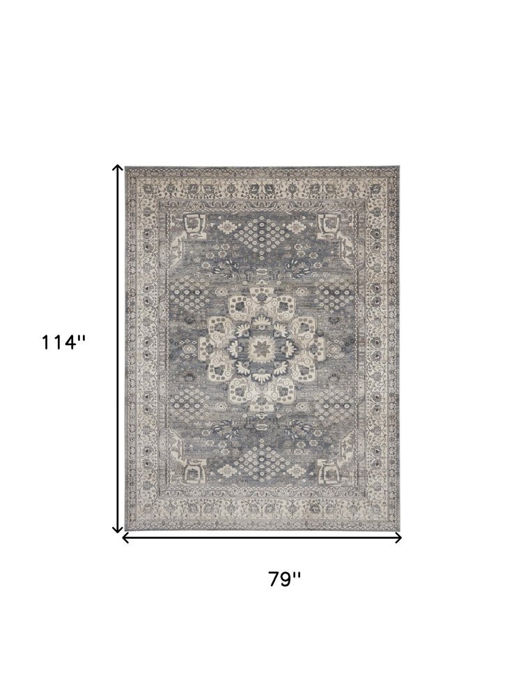 7' X 10' Gray and Ivory Medallion Power Loom Area Rug
