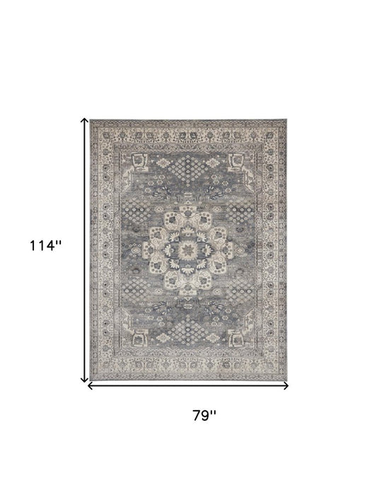 7' X 10' Gray and Ivory Medallion Power Loom Area Rug