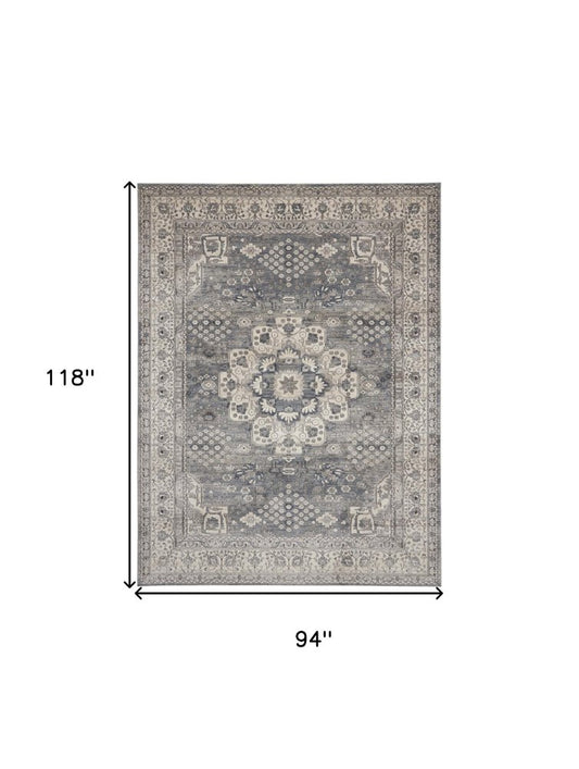 8' X 10' Gray and Ivory Medallion Power Loom Area Rug