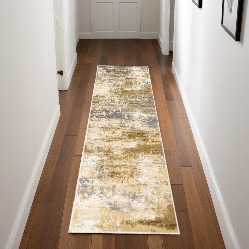8' Beige And Blue Abstract Runner Rug