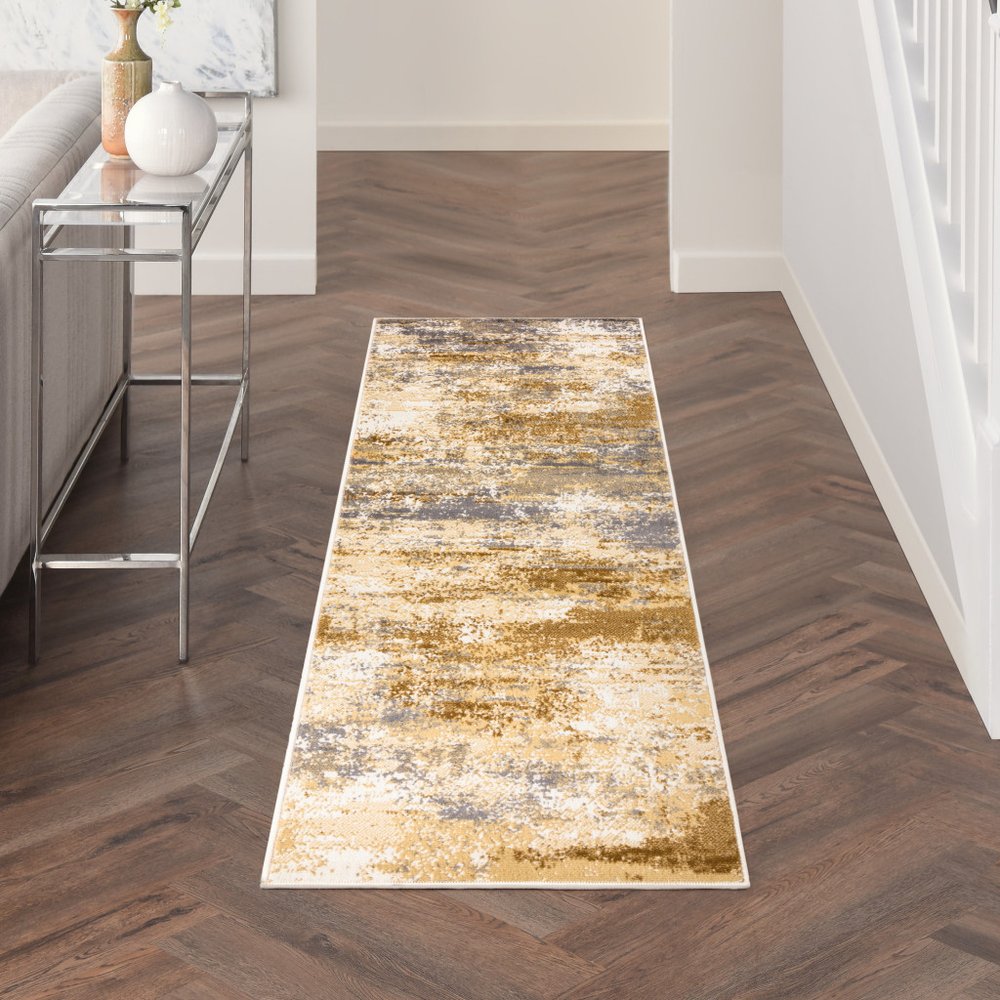 8' Beige And Blue Abstract Runner Rug