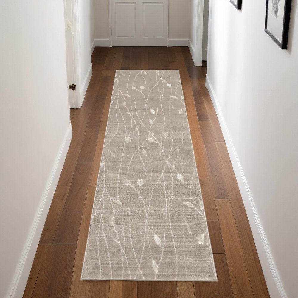 8' Beige And Ivory Floral Runner Rug