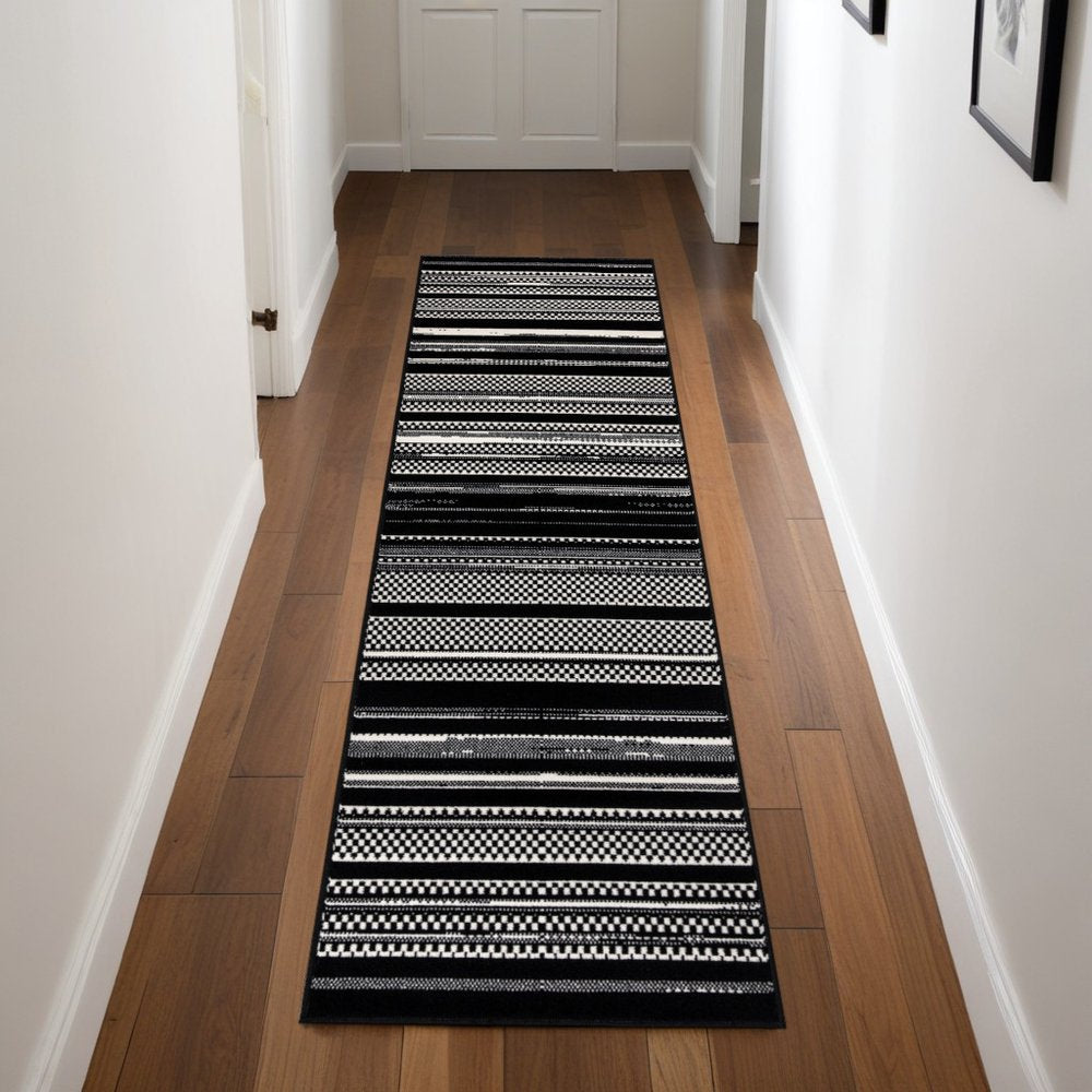 8' Black And White Striped Runner Rug