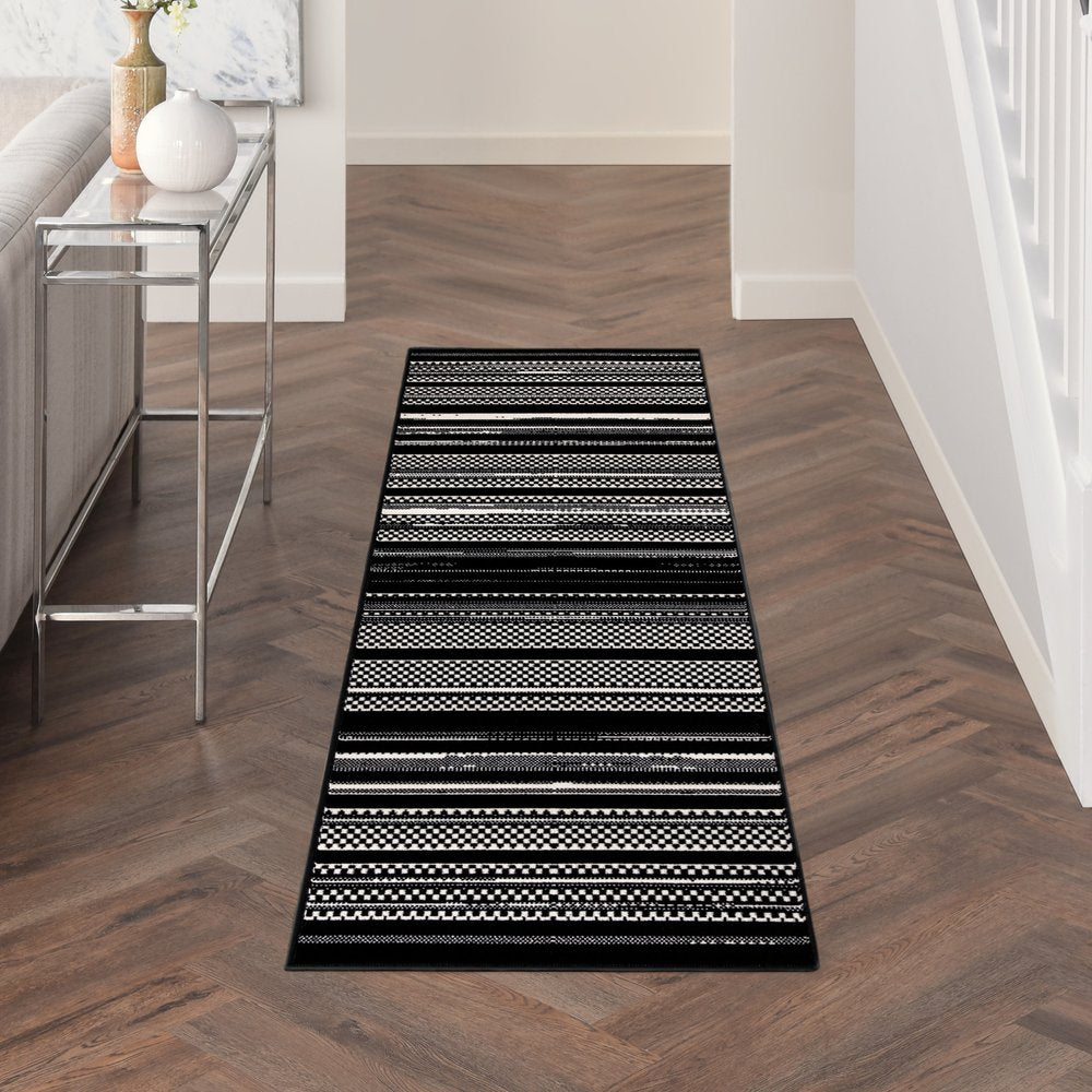 8' Black And White Striped Runner Rug