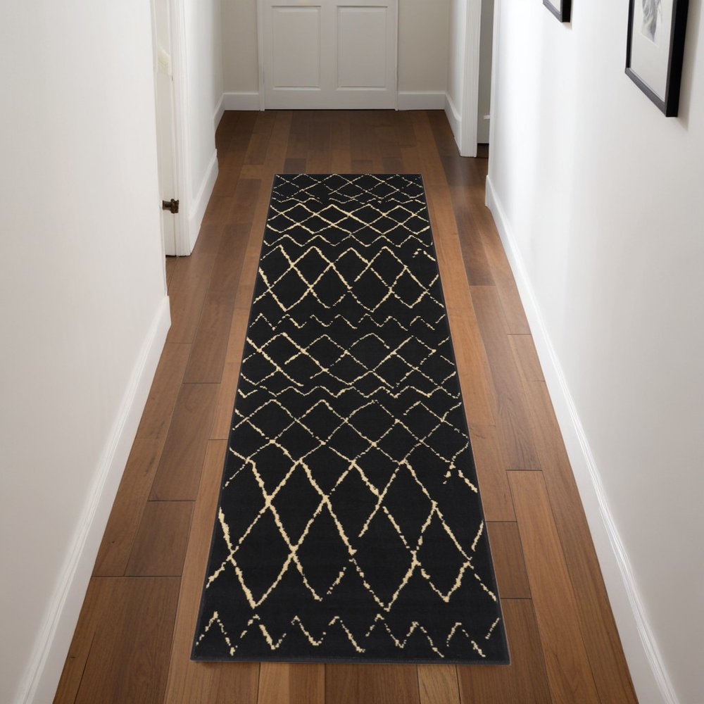8' Black And Ivory Abstract Distressed Runner Rug