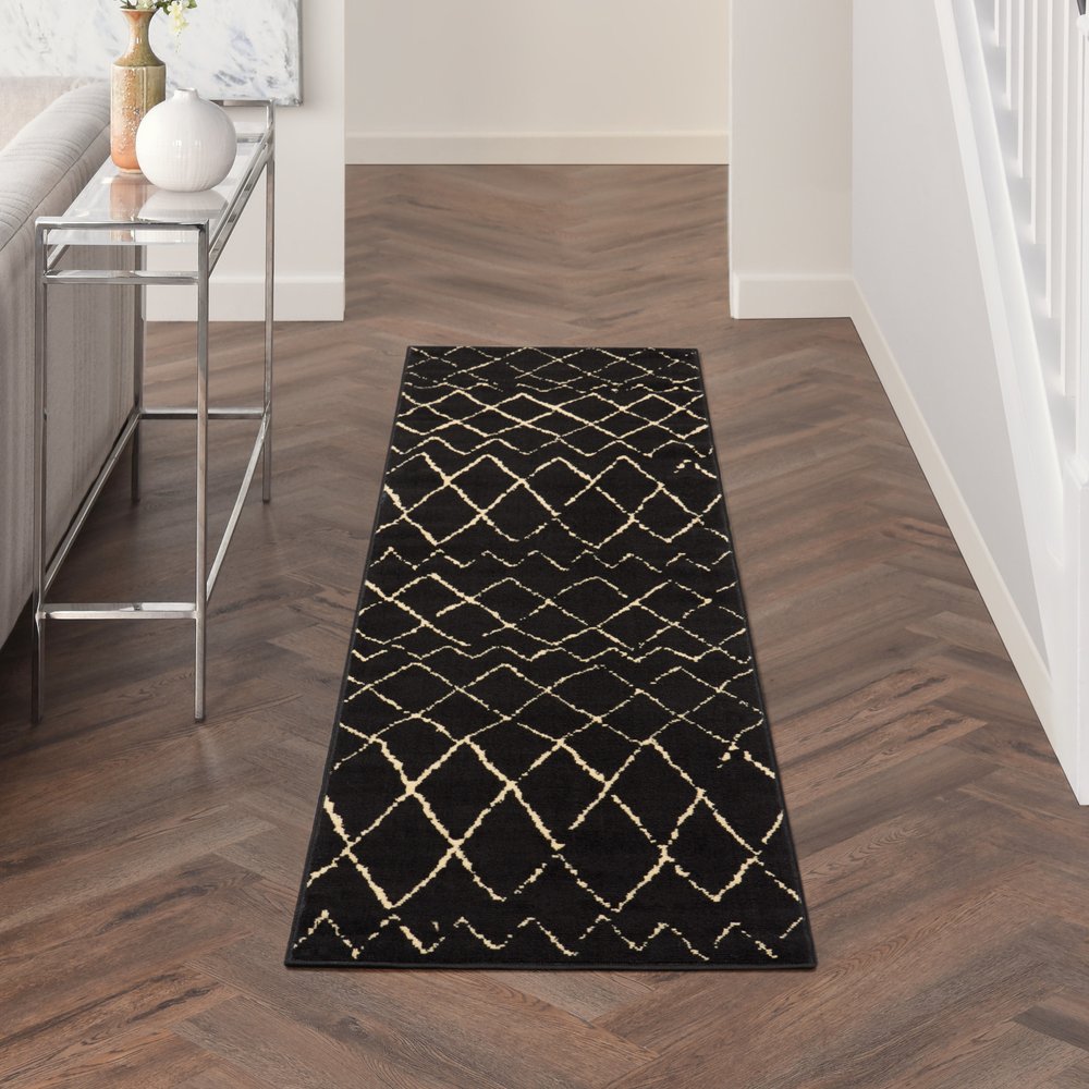 8' Black And Ivory Abstract Distressed Runner Rug