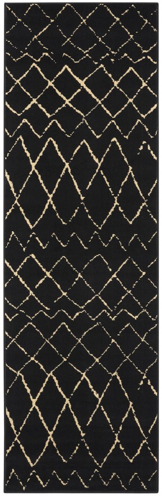 8' Black And Ivory Abstract Distressed Runner Rug
