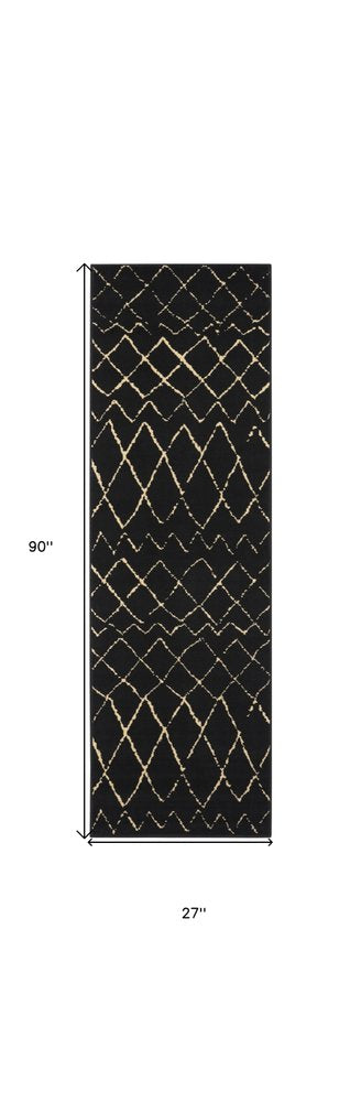 8' Black And Ivory Abstract Distressed Runner Rug