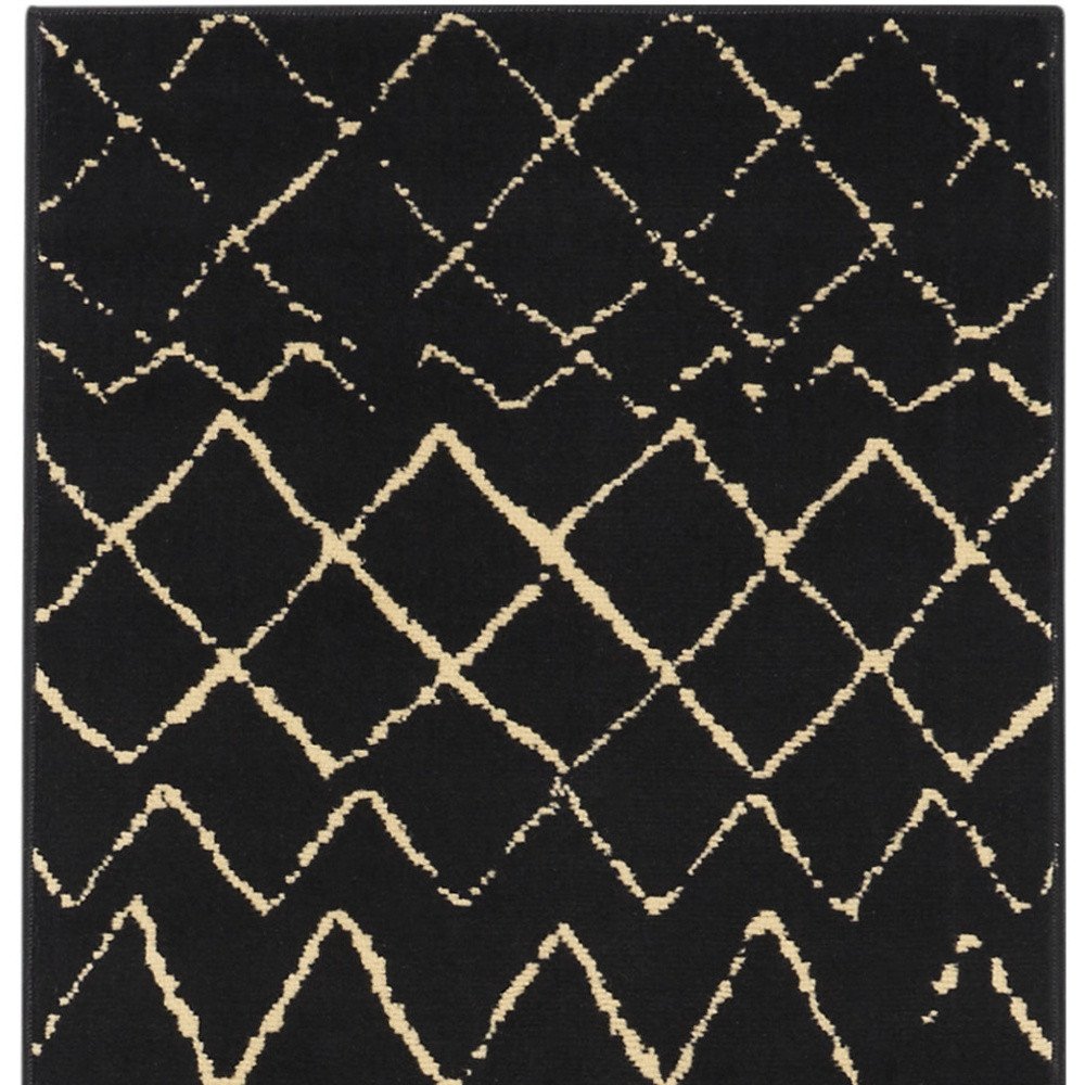 8' Black And Ivory Abstract Distressed Runner Rug