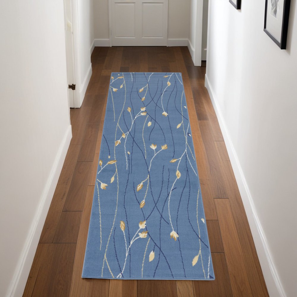 8' Blue And Beige Floral Runner Rug