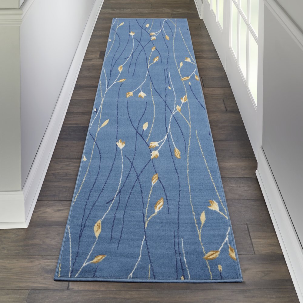 8' Blue And Beige Floral Runner Rug