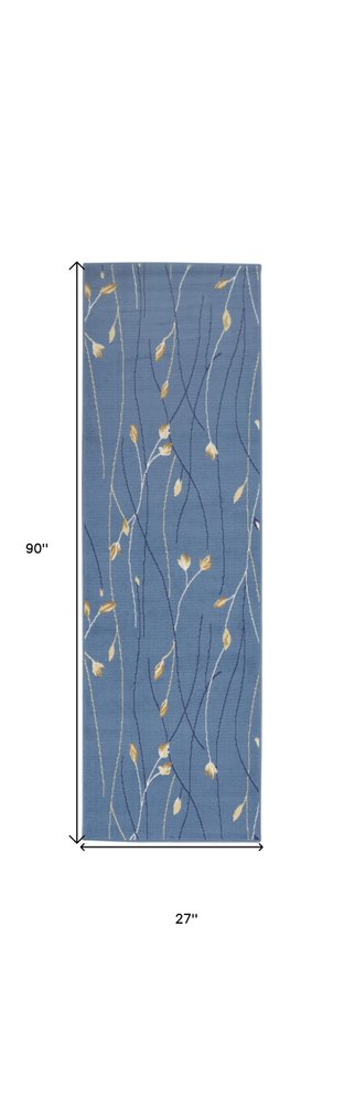 8' Blue And Beige Floral Runner Rug