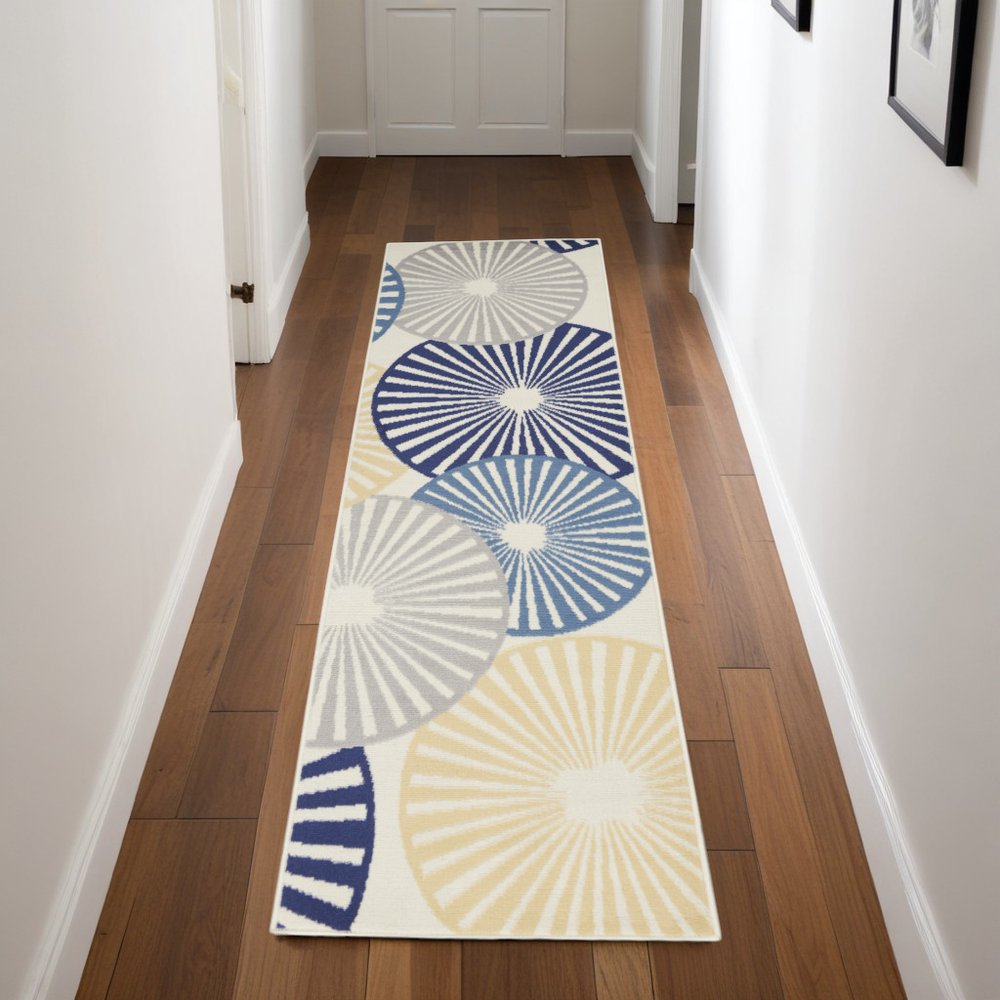 8' Blue And Ivory Geometric Runner Rug