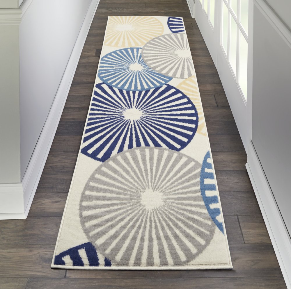 8' Blue And Ivory Geometric Runner Rug