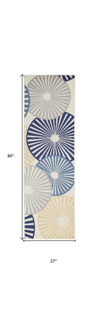 8' Blue And Ivory Geometric Runner Rug