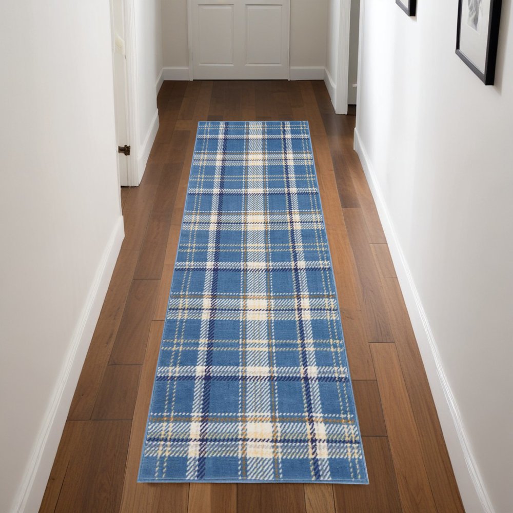 8' Blue And Beige Plaid Runner Rug