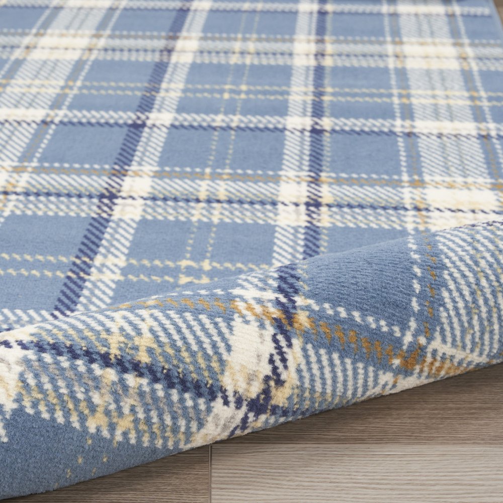 8' Blue And Beige Plaid Runner Rug