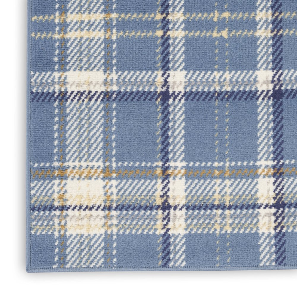 8' Blue And Beige Plaid Runner Rug