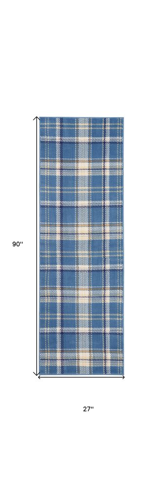 8' Blue And Beige Plaid Runner Rug