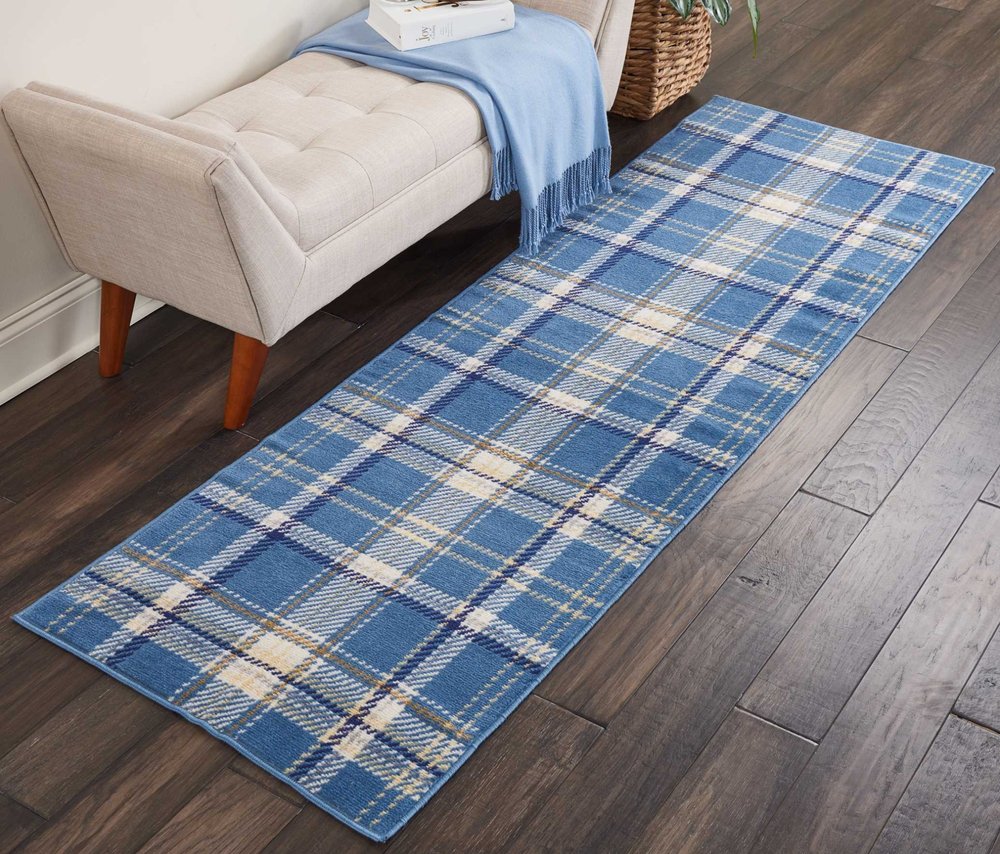 8' Blue And Beige Plaid Runner Rug