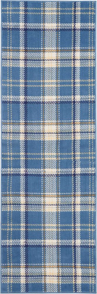 8' Blue And Beige Plaid Runner Rug