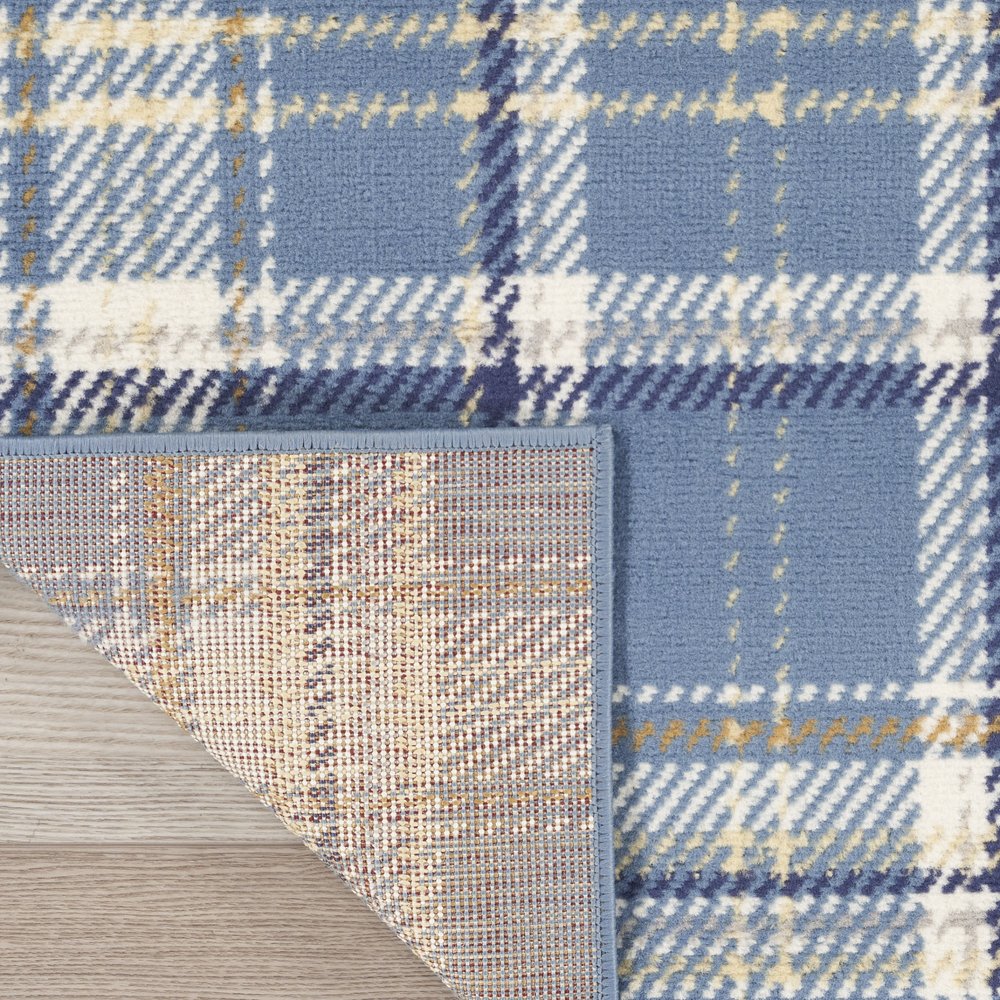 8' Blue And Beige Plaid Runner Rug