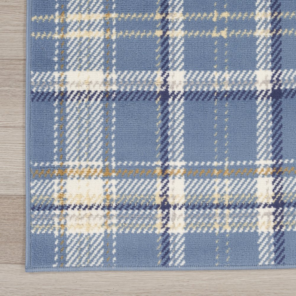 8' Blue And Beige Plaid Runner Rug