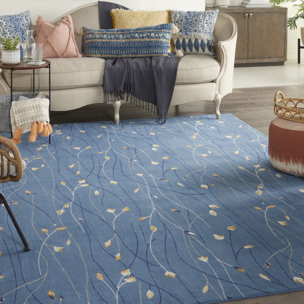 7' X 10' Blue and Beige Floral Power Loom Area Rug