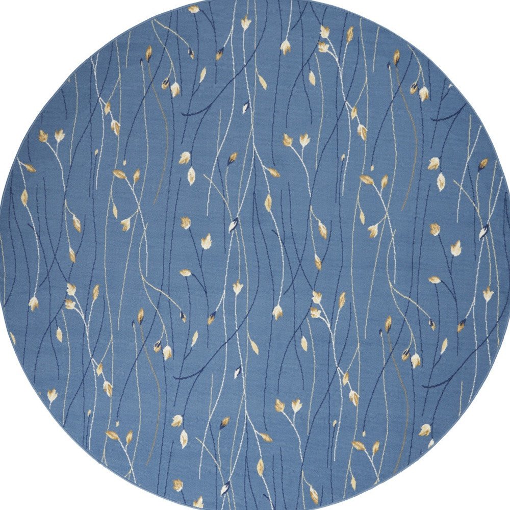 8' Blue and Beige Round Floral Power Loom Area Rug