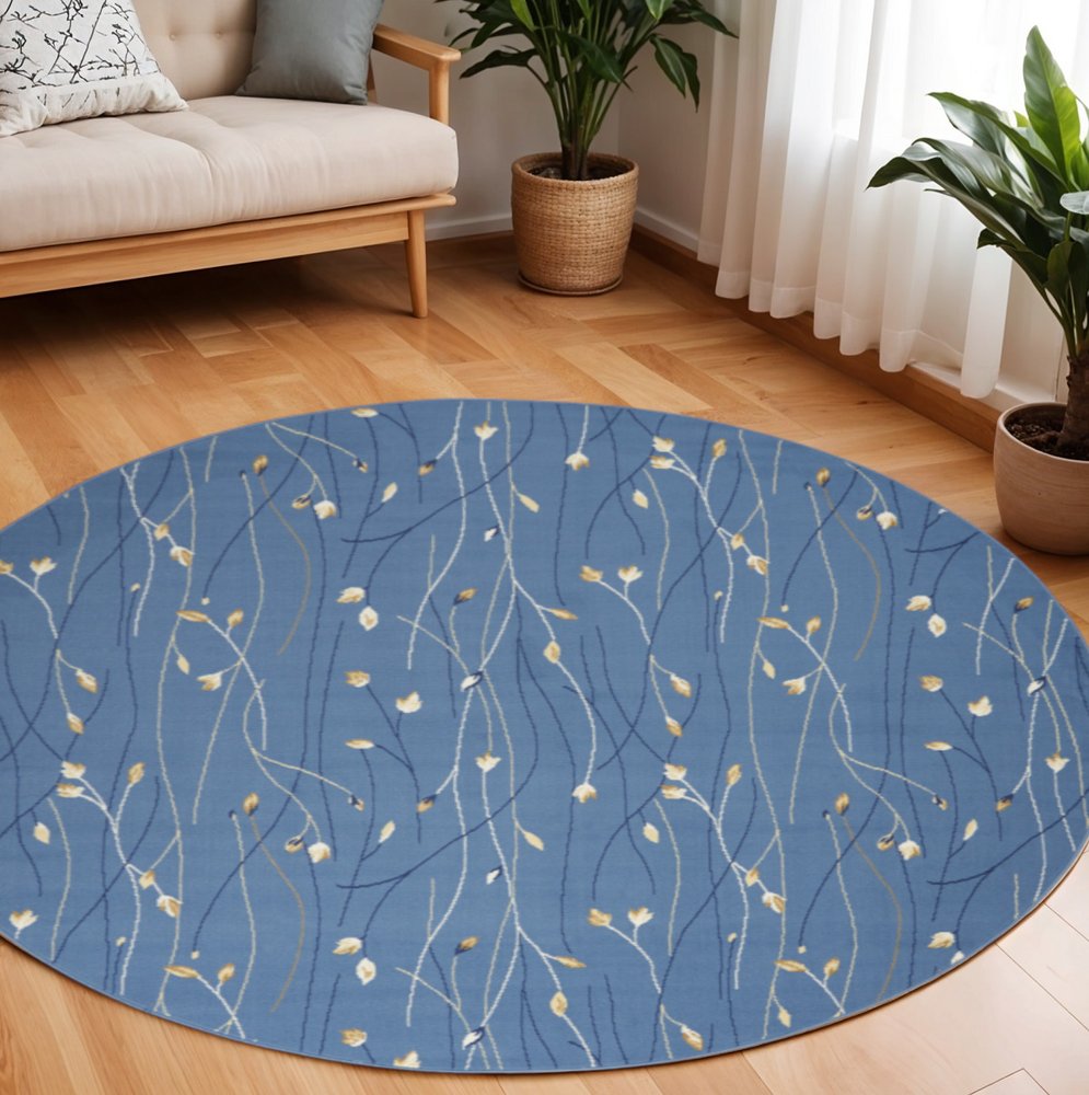 8' Blue and Beige Round Floral Power Loom Area Rug