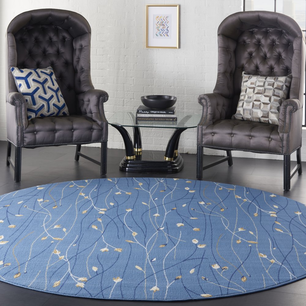 8' Blue and Beige Round Floral Power Loom Area Rug