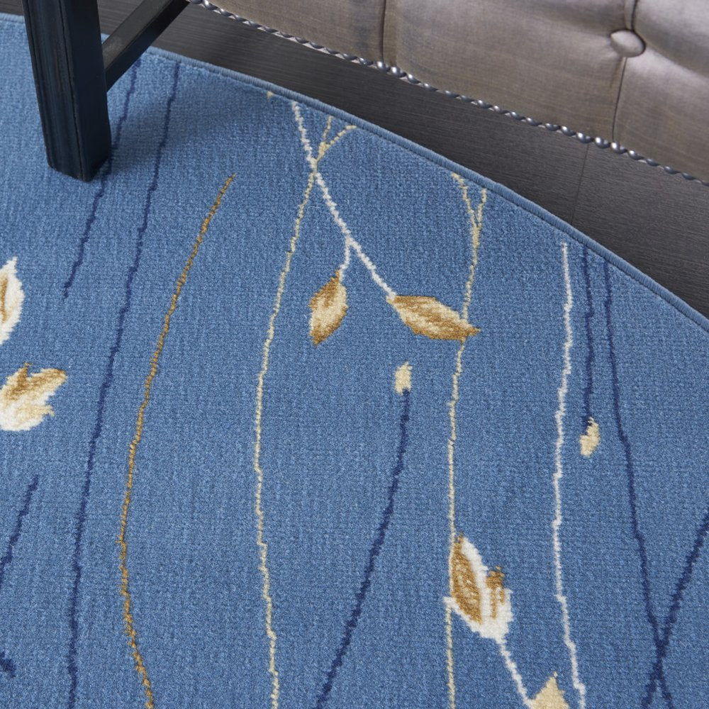 8' Blue and Beige Round Floral Power Loom Area Rug