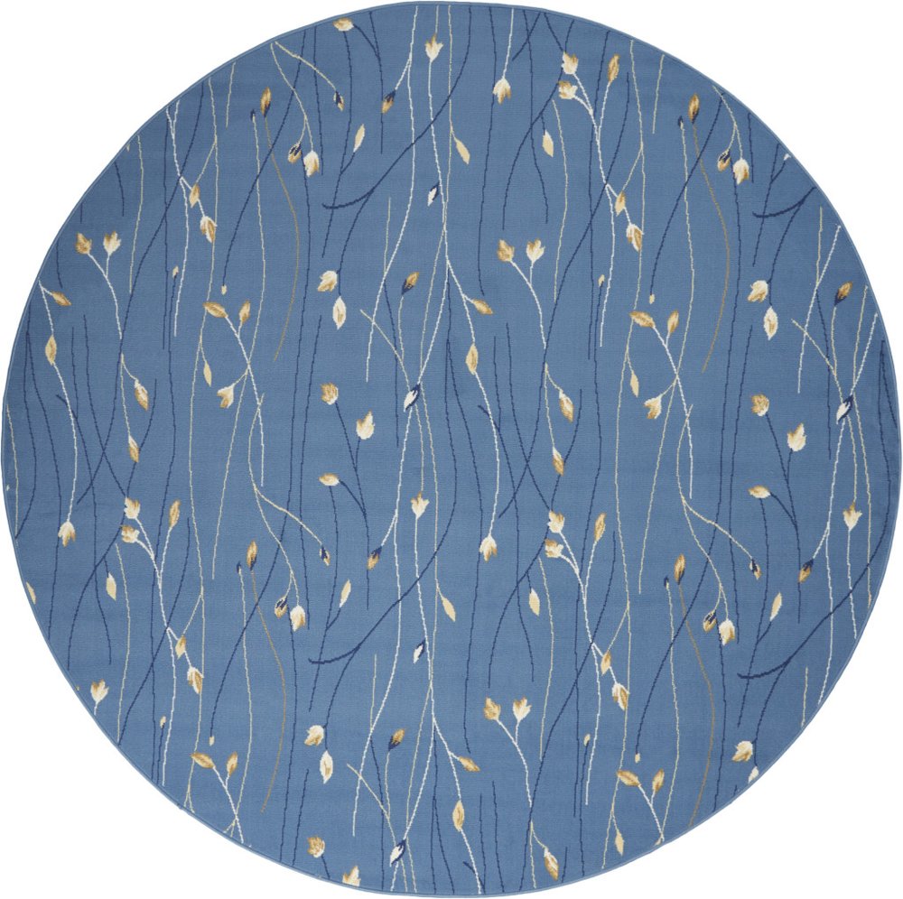 8' Blue and Beige Round Floral Power Loom Area Rug