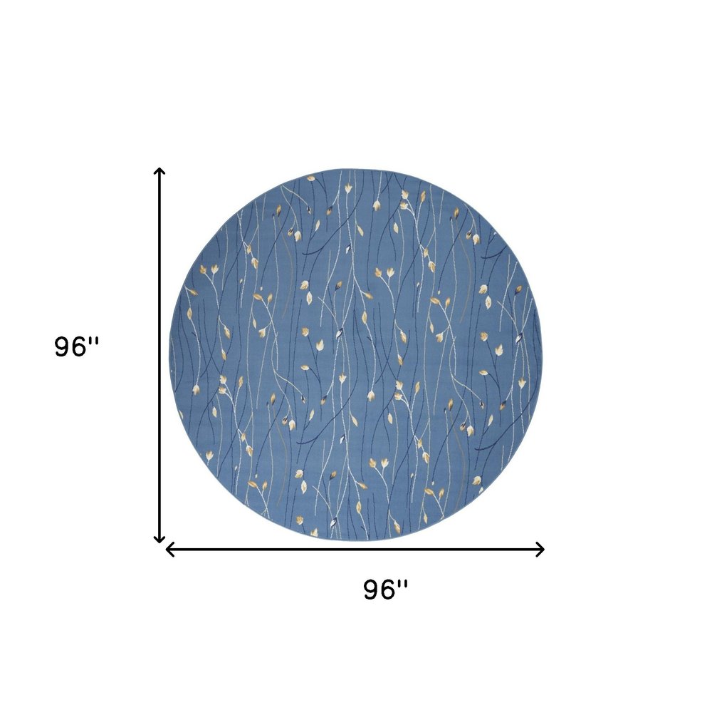 8' Blue and Beige Round Floral Power Loom Area Rug