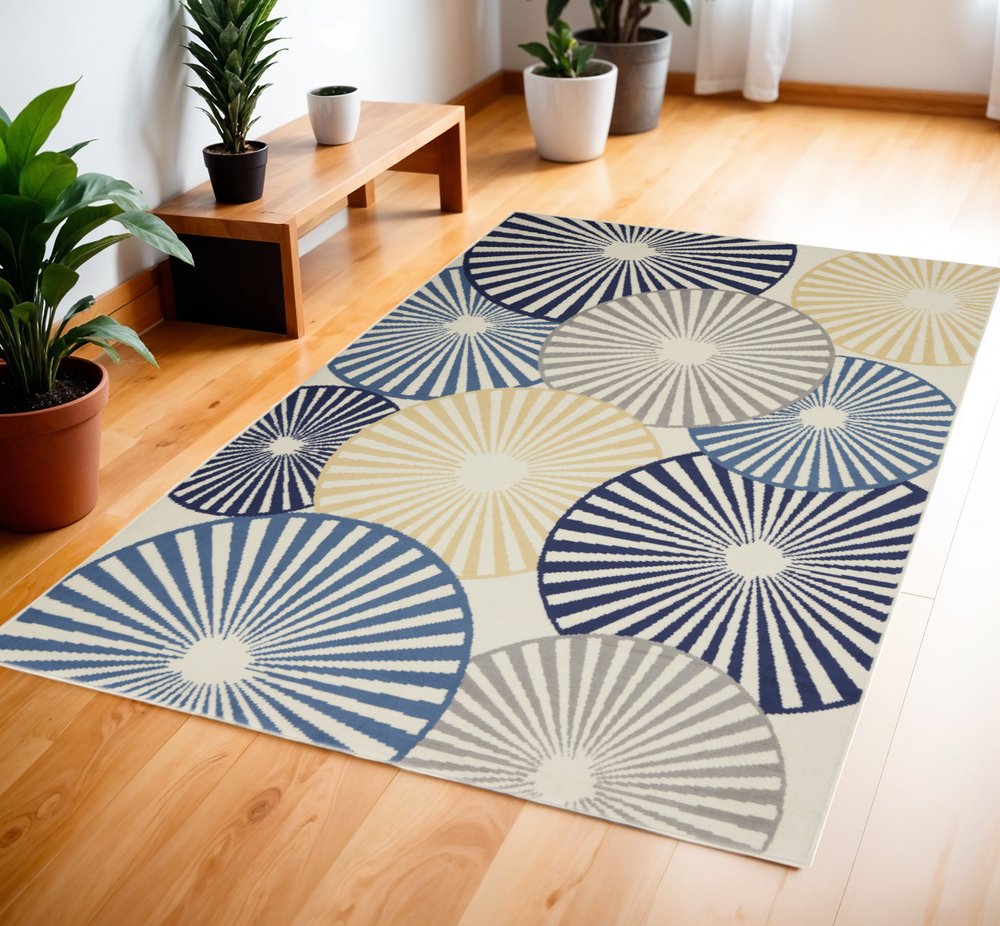 4' X 6' Blue and Ivory Geometric Power Loom Area Rug