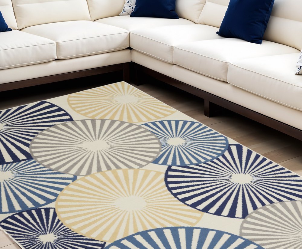 7' X 10' Beige and Blue Geometric Power Loom Area Rug