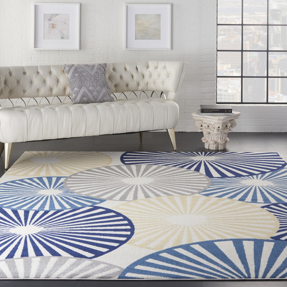 7' X 10' Beige and Blue Geometric Power Loom Area Rug
