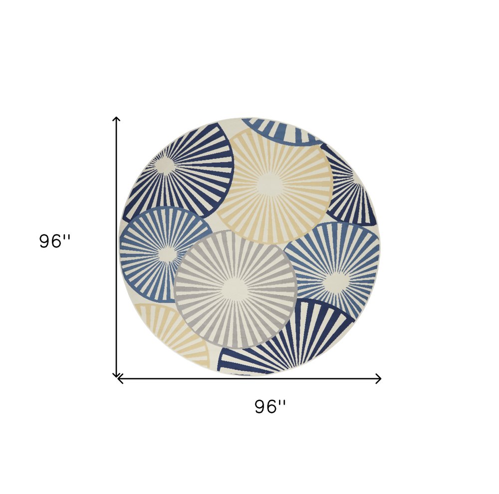 8' Blue and Ivory Round Geometric Power Loom Area Rug