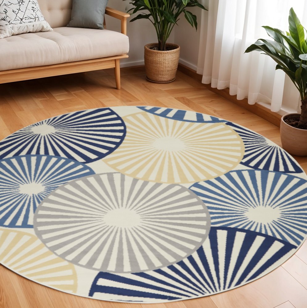 8' Blue and Ivory Round Geometric Power Loom Area Rug
