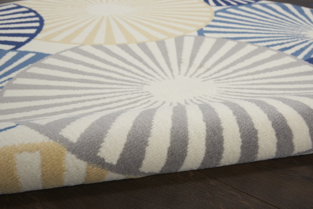 8' Blue and Ivory Round Geometric Power Loom Area Rug