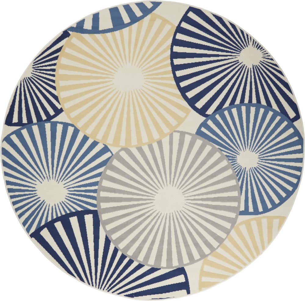 8' Blue and Ivory Round Geometric Power Loom Area Rug