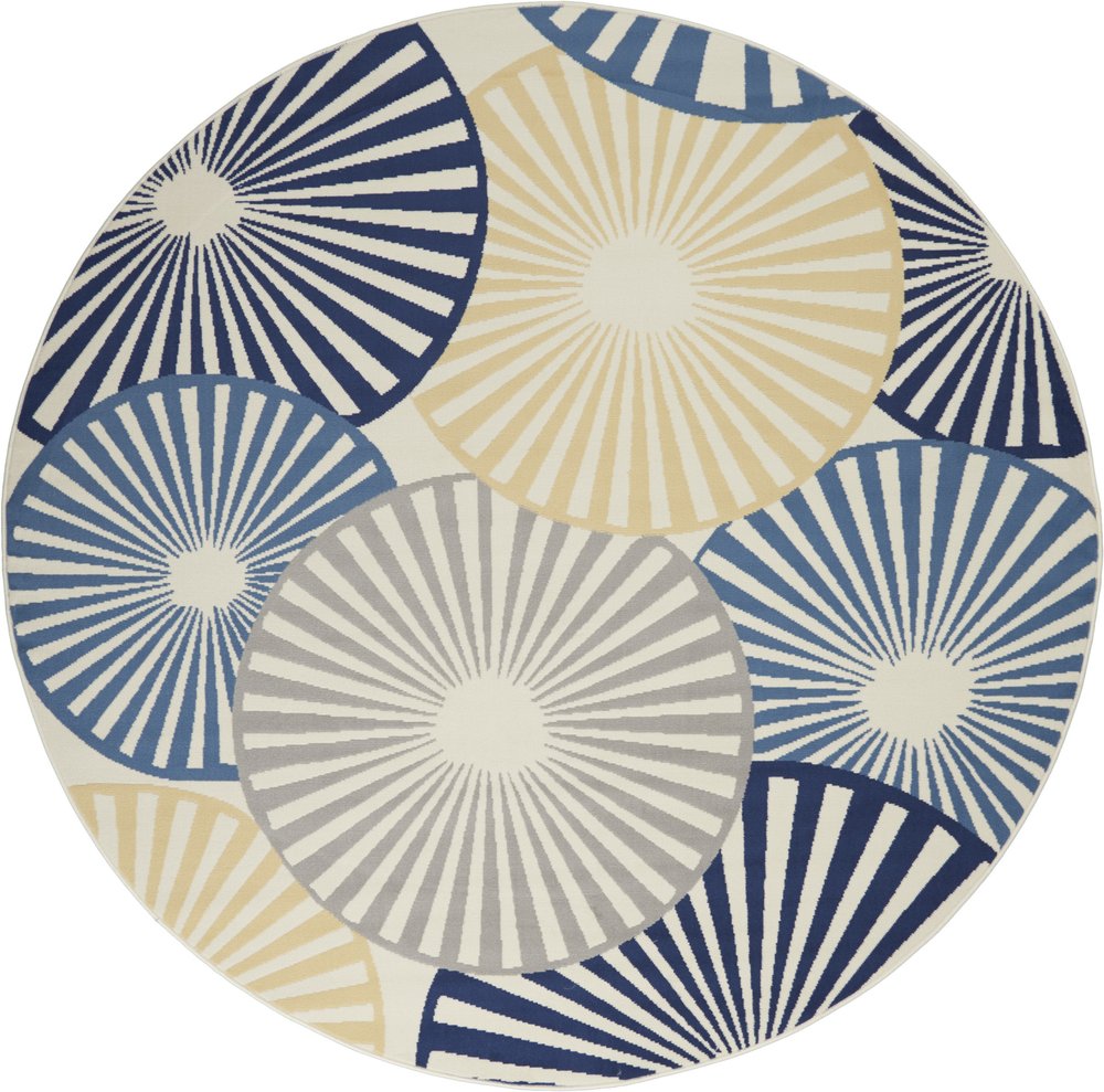8' Blue and Ivory Round Geometric Power Loom Area Rug