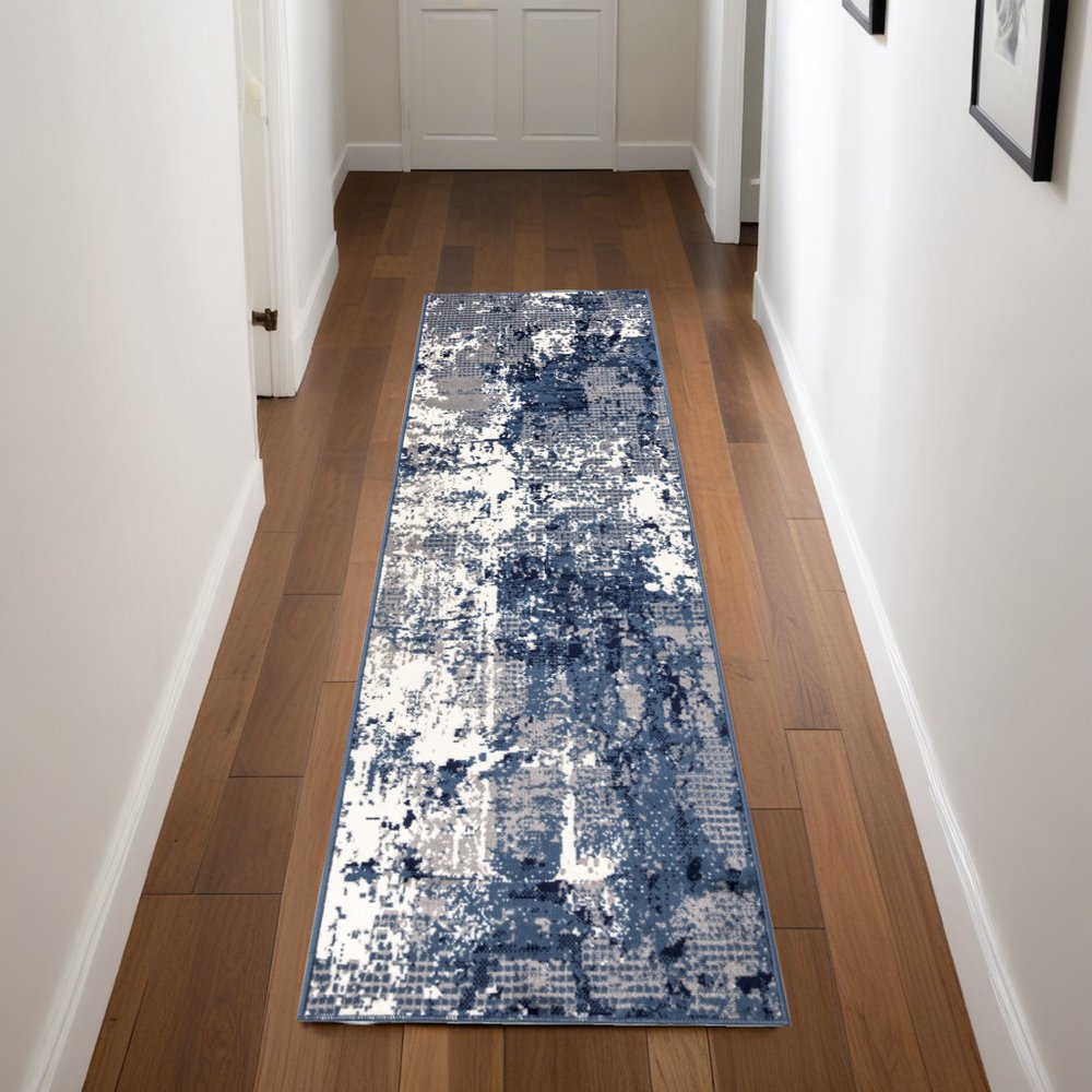 8' Blue And Ivory Abstract Runner Rug