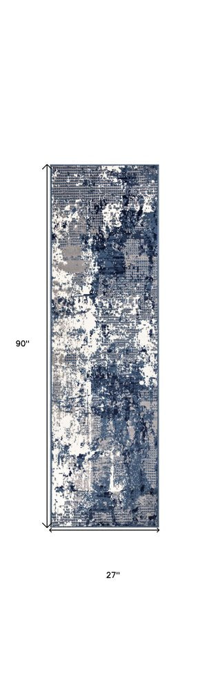 8' Blue And Ivory Abstract Runner Rug
