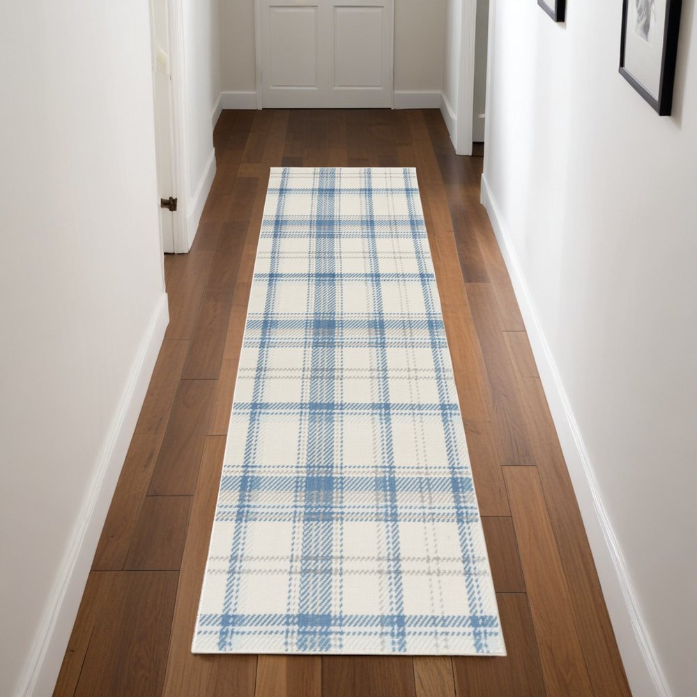 8' Blue And Ivory Plaid Runner Rug