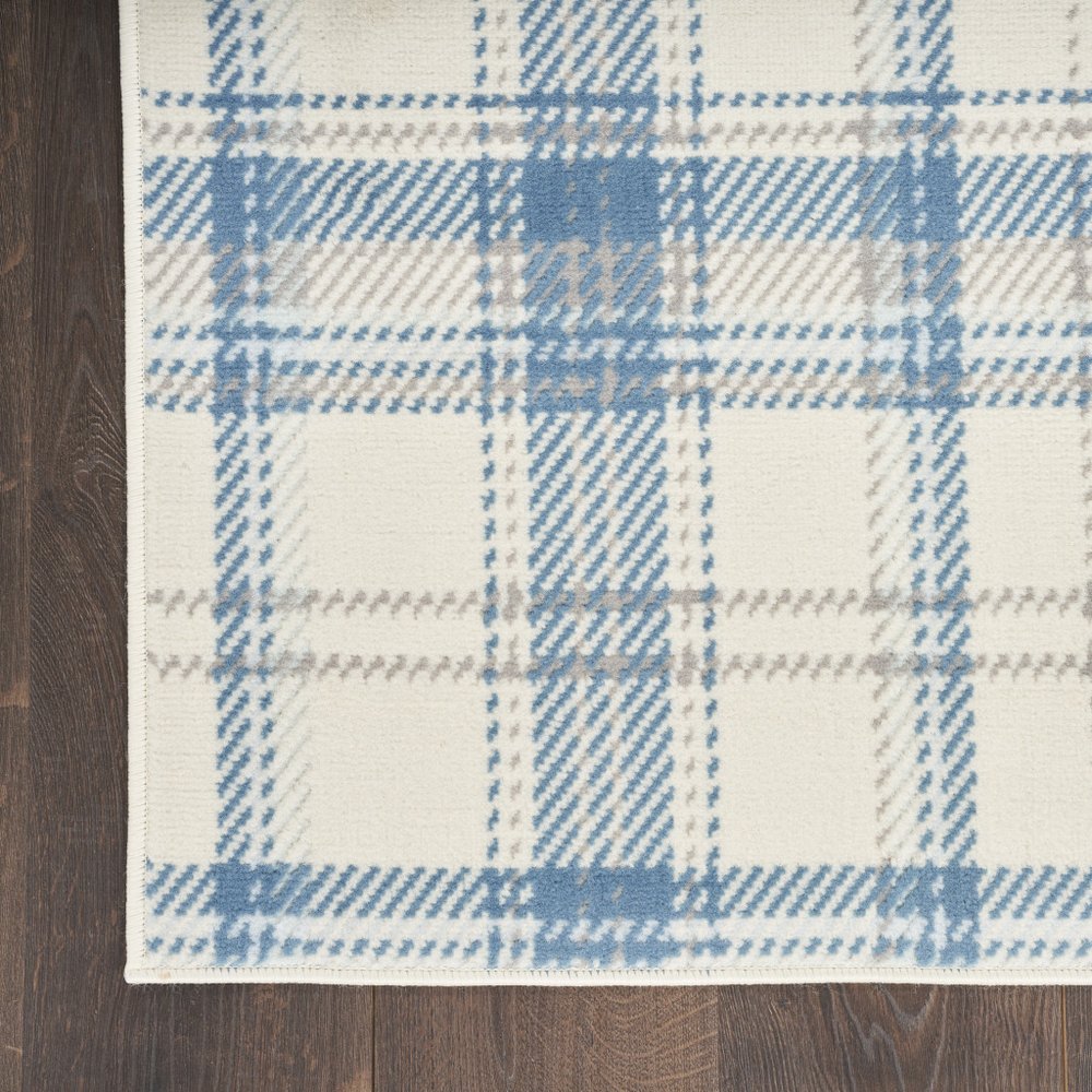 8' Blue And Ivory Plaid Runner Rug
