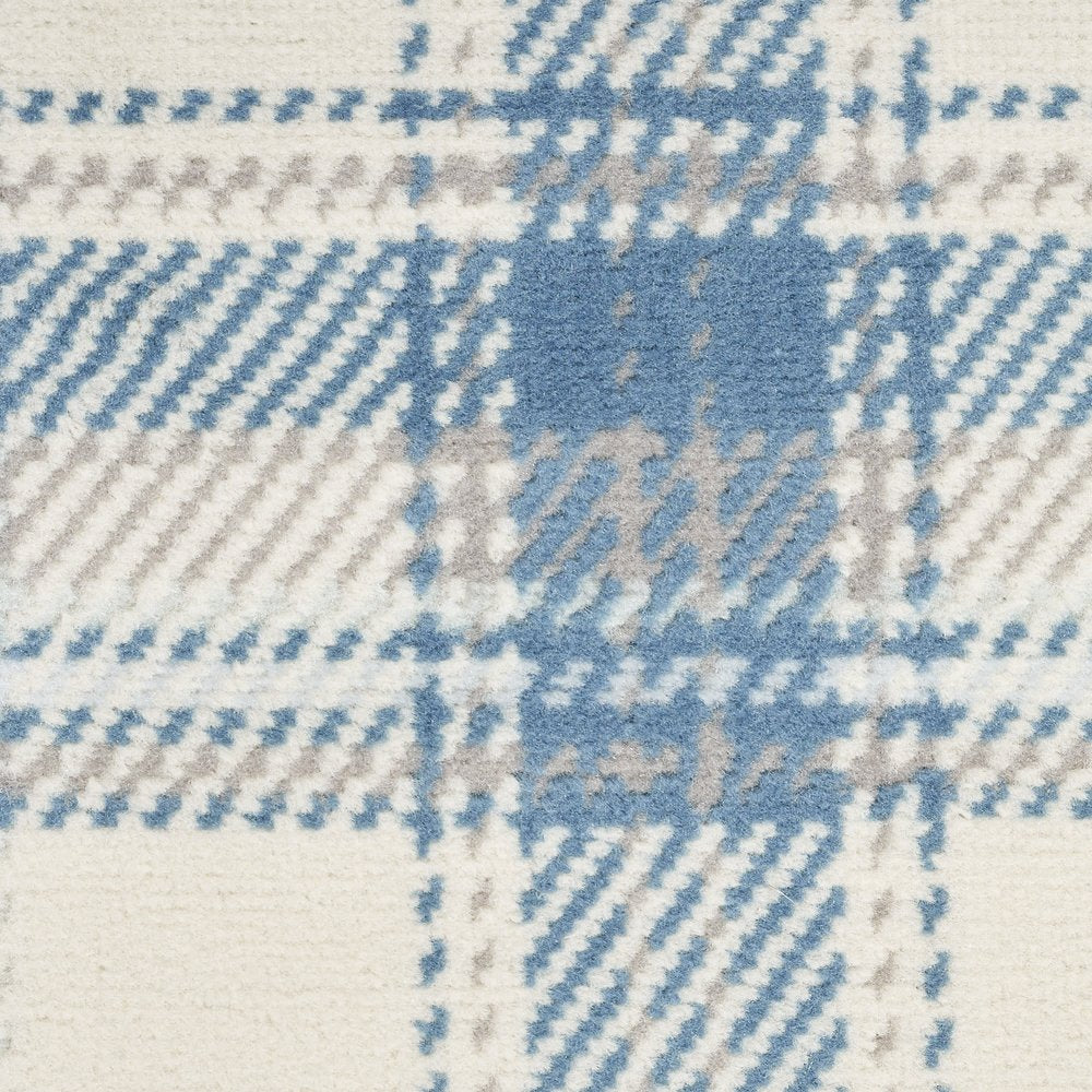 8' Blue And Ivory Plaid Runner Rug
