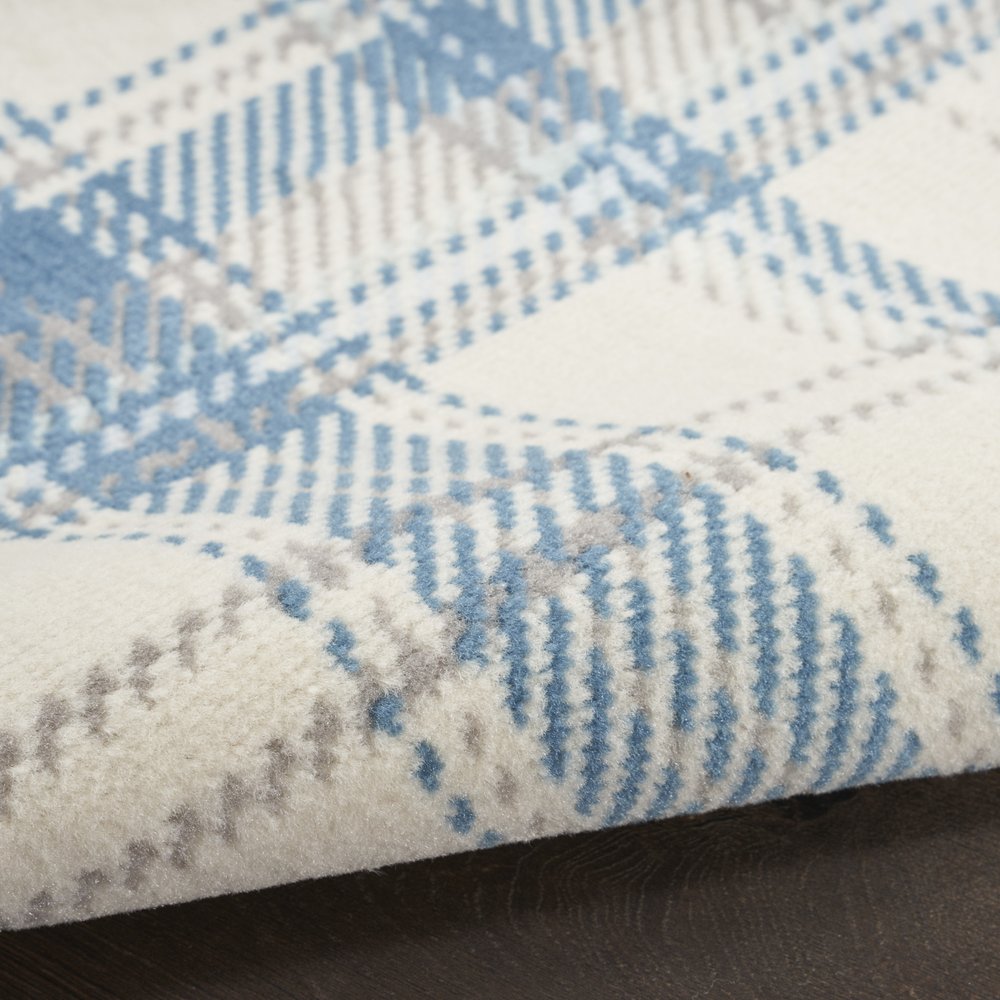 8' Blue And Ivory Plaid Runner Rug